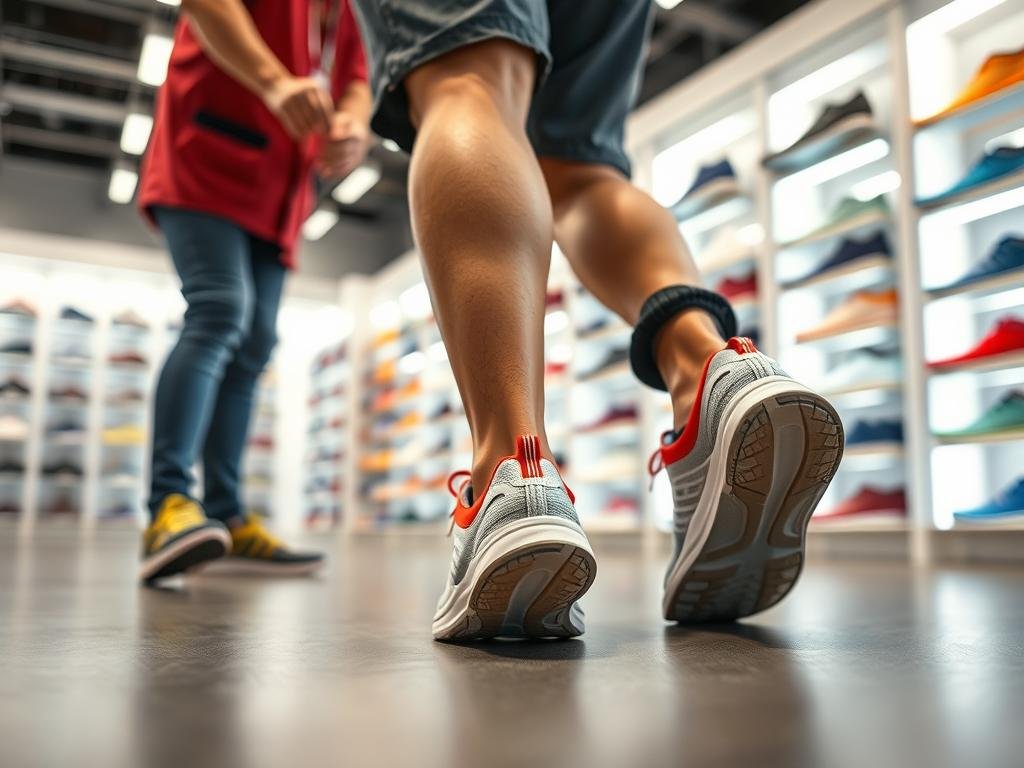Pessoa experimentando tênis de corrida para iniciantes em loja em 2025